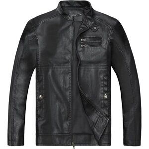 Men's Black Faux Leather Stand Collar Zipper Classic Biker Jacket Slim Fit